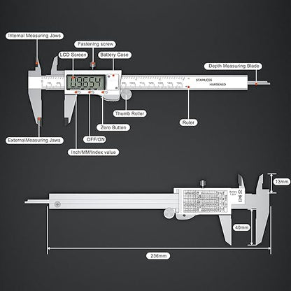 Digital Calipers, Caliper Measuring Tool with Large LCD Screen, Stainless Steel Micrometer Caliper Digital, Auto-Off Feature, Screen Splash Proof, Switch from Inch Metric Fraction (6Inch/150mm)