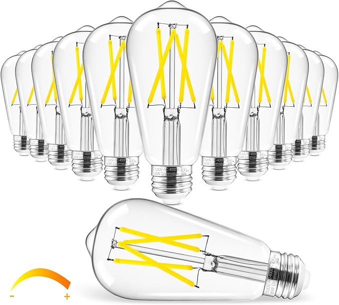 Hizashi Vintage LED Edison Bulb Dimmable, 6W Equivalent 60W, 4000k Neutral White, E26 Base Led Light Bulbs, 700LM, High CRI 95+ Eye Protection, Clear Glass, Pack of 12