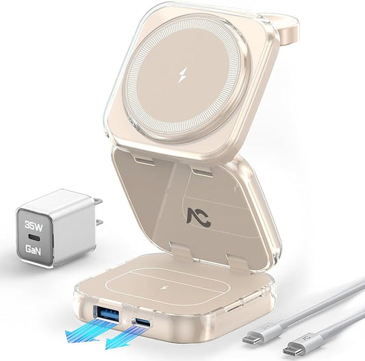 5-in-1 Wireless Charger for MagSafe, AC ISLAND Portable Travel Charging Station, 35W Max Fast Foldable Magnetic Stand, Evolved for iPhone 17-12 & Air Series, Apple Watch, AirPods (with 35W Adapter)