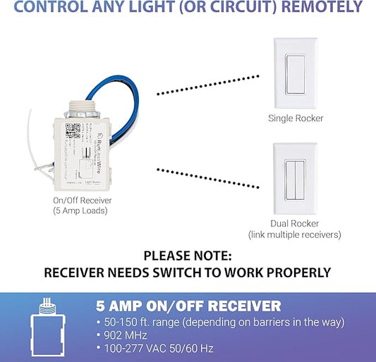 RunLessWire 5 Amp On/Off Receiver Add-On RF Relay Compatible with Self-Powered Kinetic Wireless Light Switches to Control Electrical Circuit Remotely Easy DIY Install 100-240VAC, Indoor Use