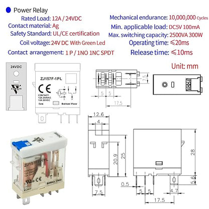 12Amp Power Relay Switch with Test Button SPDT 1NO 1NC with LED Indicator Light and Socket Base UL Certification (5 Pin- 12A, DC 24V)