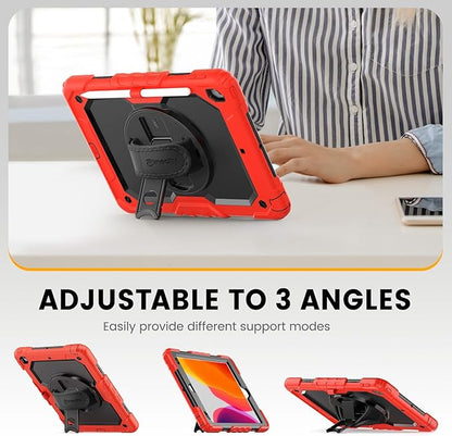 Timecity Case for iPad 9th/ 8th/ 7th Generation 10.2 inch - Heavy Duty Protective Cover with Screen Protector, Rotating Stand, Shoulder Strap & Pencil Holder | Kids-Friendly (Red)