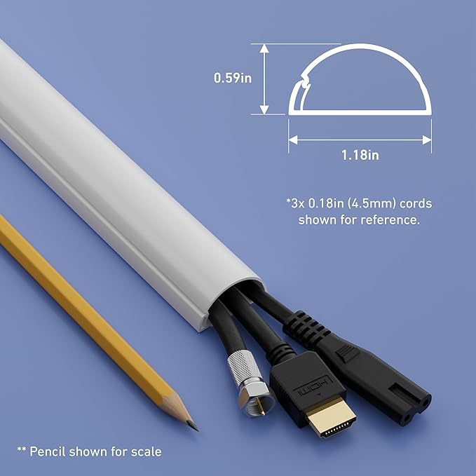 D-Line 13.12ft Cord Hider Kit, Patented Cable Cover, Hide Wires on Wall, Channel for TV Mount Cords, Raceway Wire Hiders, Paintable, Adhesive, Half Round, 4X 1.18in W x 0.59in H x 39in Lengths, White