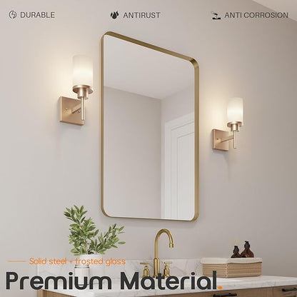 AONEON Vanity Lighting Fixtures with White Frosted Glass Shade, Champagne Bronze Wall Lamps for Bathroom Mirror Bedroom Living Room Porch, 2 Pack T001CPG-L1-P2