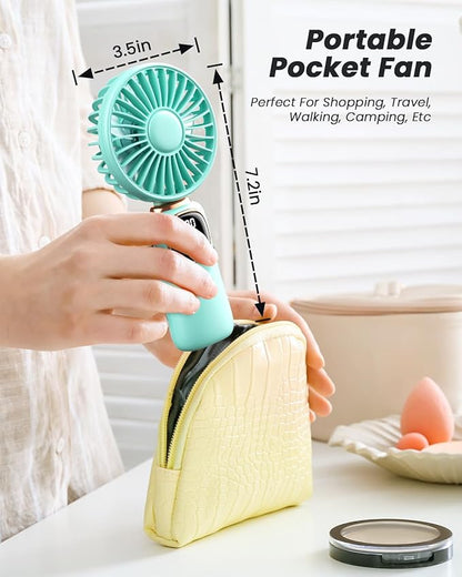 coldSky Portable Handheld Fan, 4000mAh Battery Operated Fan with LED Display, Handheld/Neck/Desk 3 in 1 Personal Small Fans, 90° Foldable Desk Fan with Base, 5 Speed Makeup Lash Fan for Women Green