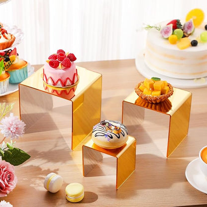 Chuangdi 2 Sets Acrylic Display Risers, Product Stand, Jewelry Display Riser Shelf Showcase Fixtures for Dessert Cupcake Candy Figure Treat Action Showcase (Gold,Medium Set)