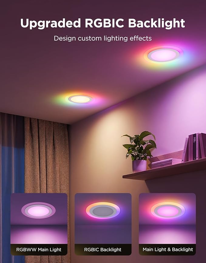 Govee Smart Recessed Lighting 6 Inch, Matter RGBIC LED Recessed Light Work with Alexa, Google Assistant, Dimmable 1100LM Canless Downlight with Junction Box for Living Room, Bedroom, Kitchen 4 Pack