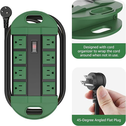 CCCEI Outdoor Power Strip Weatherproof with 8 Plug, Waterproof Extension Cord with Multiple Outlets, Christmas Exterior Garden Yard Surge Protector 15FT, Green.