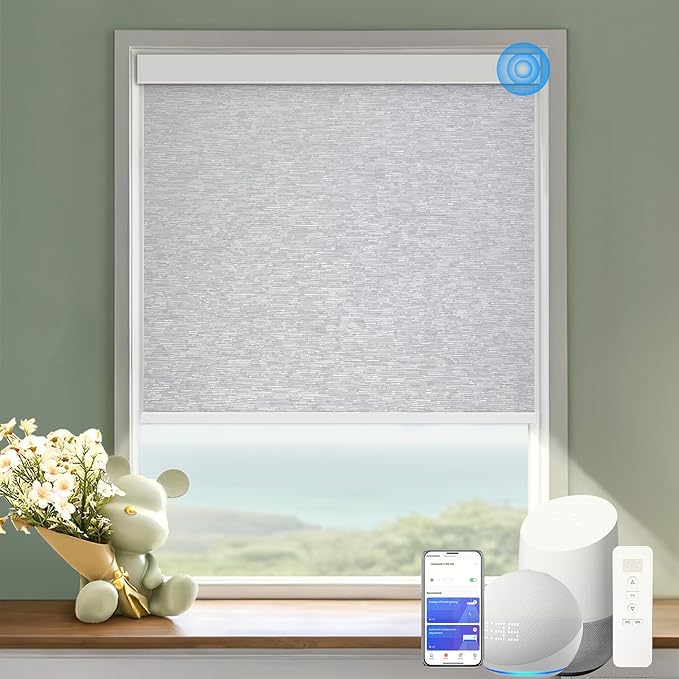 COOLWINDS Motorized Blinds with Remote Cordless Automatic Motorized Shades Custom Blinds for Windows Smart Curtains Compatible with Alexa Google Home(Blackout Jacquard Grey,W22 x H72in)