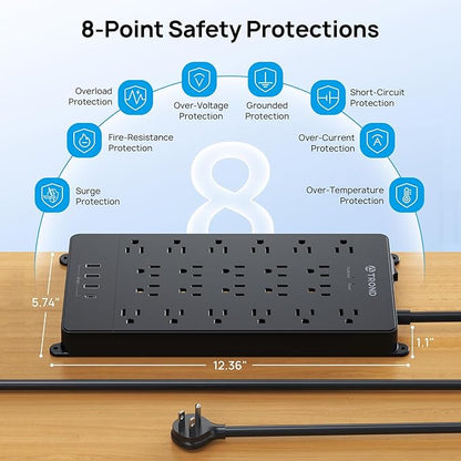 TROND Surge Protector Power Strip with USB Ports, 5ft Flat Plug Extension Cord, 22 Widely Spaced Outlets with 4 USB, 4000 Joules, 14AWG Heavy Duty, ETL Listed, Wall Mountable for Home Office, Black