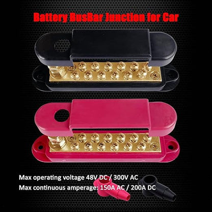 1/4" Stud Power Distribution Block Bus Bar with 12 x #8 Screws, Ampper 5.3" 12V 150A Marine BusBar Brass Battery Distribution Block W/Cover for Car Boat Solar (Red & Black)