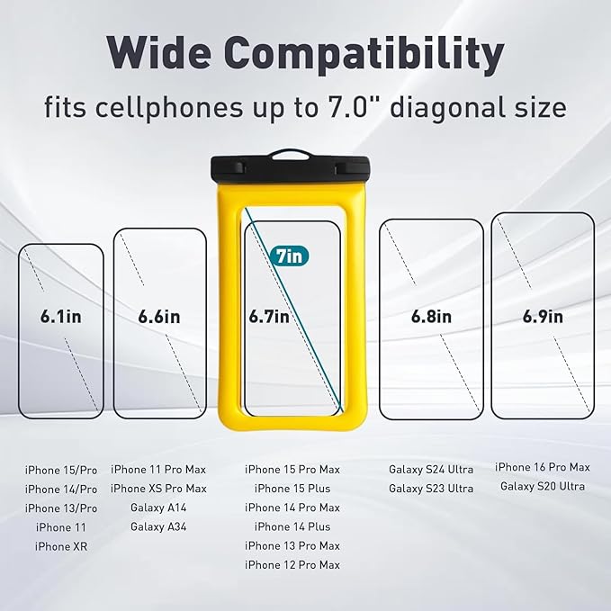 Floatable Soap Bubble Waterproof Phone Pouch/Case with Crossbody Lanyard for iPhone 16 Pro Max/15 Pro/14/13/12, IP68 Cellphone Dry Bag Beach Cruise Ship Essentials, 1 Pack-Yellow-7″