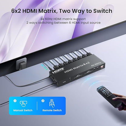 HDMI Matrix Switch 6 in 2 Out, 4K@60Hz HDMI Switch with IR Remote, Optical & 3.5mm Audio Output, 6x2 HDMI Switcher Audio Extractor Support HDMI 2.0, HDCP 2.2, 3D, Auto Downscal for PS5/4, Fire Stick