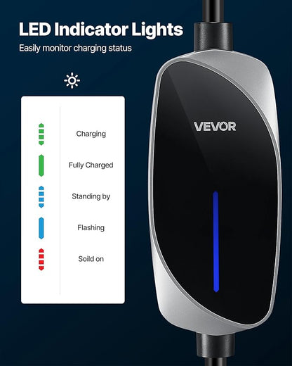 VEVOR Level 1/2 Tesla Charger, 16 Amp, Portable Electric Car EV Charger with 25 ft Charging Cable, 120V-240V, NEMA 6-20P Plug NEMA 5-15 Adapter, LED Indicator, NACS Connector for Tesla Model Y/X/3/S