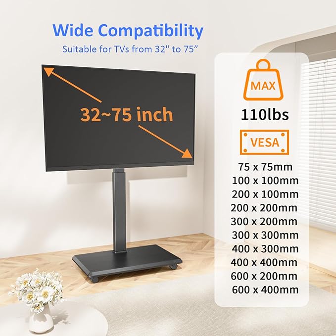Afaloona Rolling TV Stand, Portable Mobile TV Stand for 32-75 Inch TVs up to 110 lbs, 18 Adjustable Heights, Max VESA 600x400mm, Rolling TV Cart on Wheels with Mount for Bedroom, Office, Outdoor