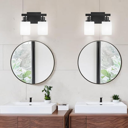 DIKAIDA Bathroom Light Fixtures Over Mirror, 2-Light Modern Matte Black Vanity Lights with White Frosted Glass Shade, Bathroom Wall Lamp Sconces for Mirror Bedroom, Living Room Hallway Small Space