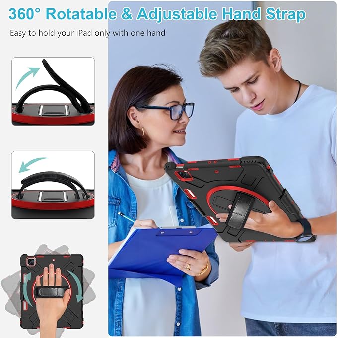Case for iPad Pro 12.9 2022/2021/ 2020/2018: Cover for iPad Pro 12.9 6th/ 5th/ 4th/ 3rd Generation with Screen Protector- Stand- Pencil Holder- Handle- Shoulder Strap Red+Black
