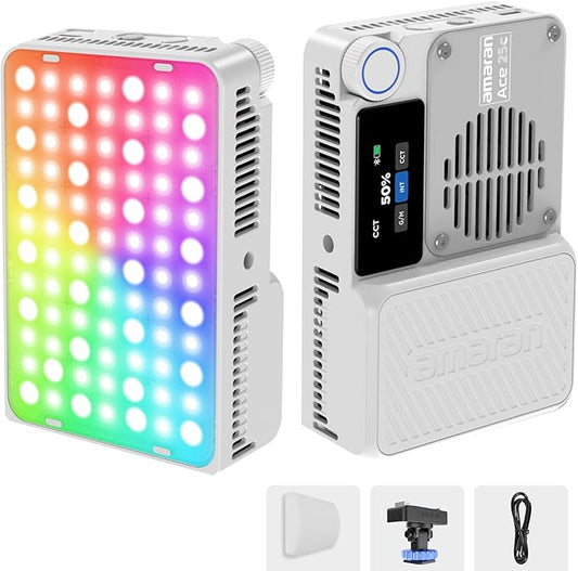 Amaran Ace 25c Pocket RGBWW LED Light, Boost Mode Up to 32W, Full-Color Mini Video Light (2,300-10,000K), 1,171 Lux@1m at 5,600K, 4500mAh Battery with PD Fast Charging for Mobile Creators (White)