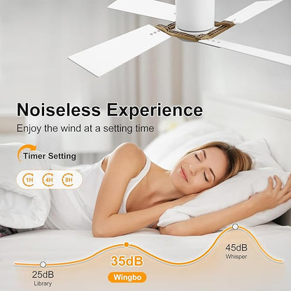 WINGBO 48 Inch Flush Mount Ceiling Fan without Light - 4 Plywood Blades, 6-Speed Reversible DC Motor, Noiseless Low Profile Ceiling Fan No Light for Bedroom Living Room, Gold and White