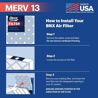 BNX 20x20x1 MERV 13 Air Filter 2 Pack - MADE IN USA - Electrostatic Pleated Air Conditioner HVAC AC Furnace Filters - Removes Pollen, Mold, Bacteria