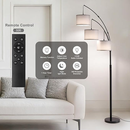 Fansdrick Floor lamp with Remote, 3 Light Arc Floor Lamps for Living Room, 2400LM Tall Standing Floor Lamps with Gray Shades, 80" Large Floor Lamp for Bedroom, Office