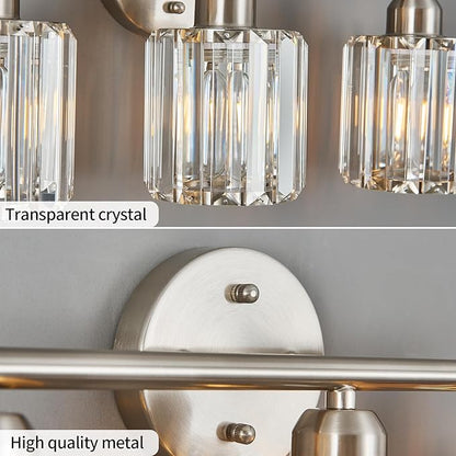 FDPBY Modern 3 Light Crystal Vanity Light, Brushed Nickel Vertical Bathroom Light Fixture Over Mirror for Dressing Table Sink, Compatible with Dimmable Bulbs (Bulbs Not Included)