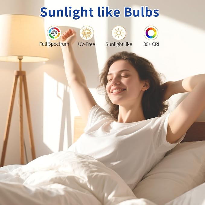 LQ BSDERA 2PK Full Spectrum Light Bulbs, 9W, 6000K Natural Light That Mimic Sunlight, Boosts Mood, Energy, Focus, A19, Sunlike Happy Light Bulbs with E26/27 Base for Most Lamps