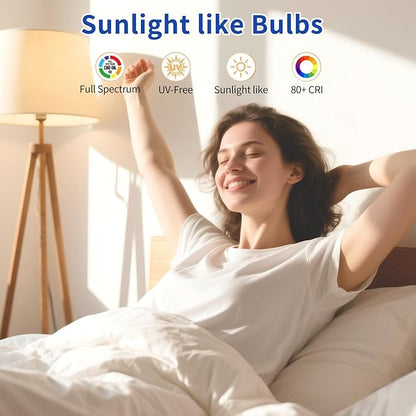 LQ BSDERA 4PK Full Spectrum Light Bulbs, 9W, 6000K Natural Light That Mimic Sunlight, Boosts Mood, Energy, Focus, A19, Sunlike Happy Light Bulbs with E26/27 Base for Most Lamps