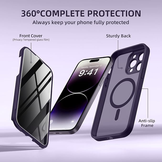 BERFY Magnetic for iPhone 14 Pro Max Case, Compatible with MagSafe,Built-in Privacy Screen Protector and Upgraded Camera Protection,Anti-Spy Full Body Shockproof Phone Case for 14 Pro Max 6.7", Purple