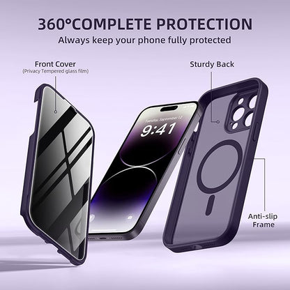 BERFY Magnetic for iPhone 14 Pro Max Case, Compatible with MagSafe,Built-in Privacy Screen Protector and Upgraded Camera Protection,Anti-Spy Full Body Shockproof Phone Case for 14 Pro Max 6.7", Purple