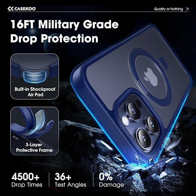 CASEKOO Designed for iPhone 15 Pro Case with Magnetic Invisible Stand [Military Drop Protection] [Compatible with MagSafe] Shockproof Slim Translucent Matte Pro Case 6.1 Inch, Blue