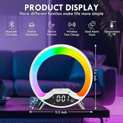 GuDoQi Sunrise Alarm Clock with Fast Wireless Charger Station and Bluetooth, Full Screen with Sunrise Simulation Light, Sleep Aid, Dual Alarms, FM Radio, More Than 10 Colors Nightlight for Bedrooms