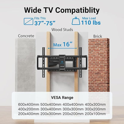 PERLESMITH Long Arm TV Wall Mount Full Motion for 37-75 inch TVs, Corner TV Mount Bracket with 27.36-inch Articulating Long Extension Arm, Swivel&Tilt, Max VESA 600x400mm up to 110lbs, 16" Wood Stud