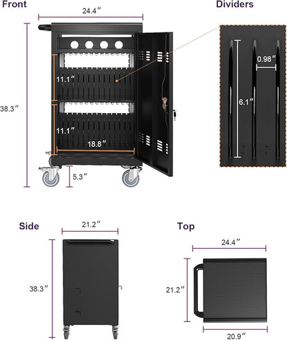 Thetilsy 35 Device Mobile Charging Station for Laptops/Tablets/iPads/Chromebooks,35 Bay Lockable Charging Cabinet with Power Strip for Classroom,School Charging Carts with Casters(Black)