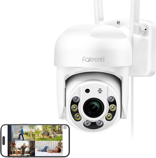 faleemi 2K WiFi Security Camera for Home with Cell Phone App Control, Color Night Vision, Ai Motion Detection, Auto Tracking, 2 Way Audio, Waterproof, Local/Cloud Storage, Compatible with Alexa