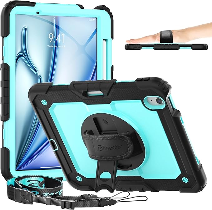 timecity Case for iPad Air 11 Inch M3/ M2 (2025/2024), 360° Rotating Stand, Pencil Holder & Wireless Charging, Shockproof with Screen Protector & Shoulder Strap - for Designers, Blue