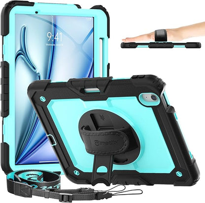 timecity Case for iPad Air 11 Inch M3/ M2 (2025/2024), 360° Rotating Stand, Pencil Holder & Wireless Charging, Shockproof with Screen Protector & Shoulder Strap - for Designers, Blue