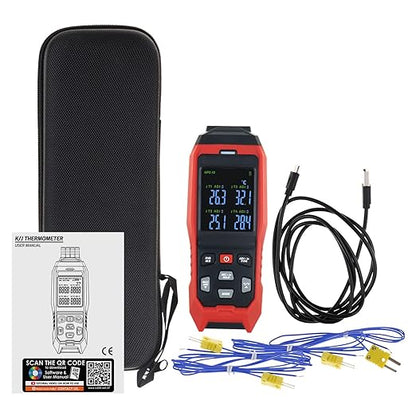 Thermocouple Thermometer Data Logger 4 Channels Digital K Type Thermometer with 5000 Groups Programmable Temperature Recording -328~2501℉ Measuring Range, Audible & Visible Alarm ADJ Compensation