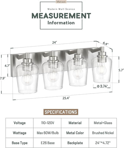 METWET Bathroom Light Fixtures, 4-Light Modern Vanity Light with Clear Glass Wine Glass-Shaped Shade, Vanity Lighting Fixtures Over Mirror, Brushed Nickel, VL155-BN-4