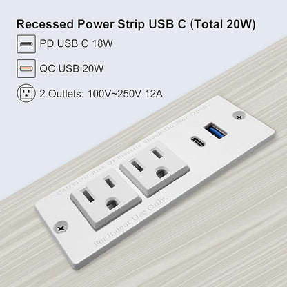 USB C Recessed Power Strip Fast Charge Desktop Power Station 2 Outlets 2 USB (PD20W & QC18W, Total 20W) Mountable Flat Plug Extension Cord Mount for Tabletop Sofa Cabinet Nightstand (USB C White)