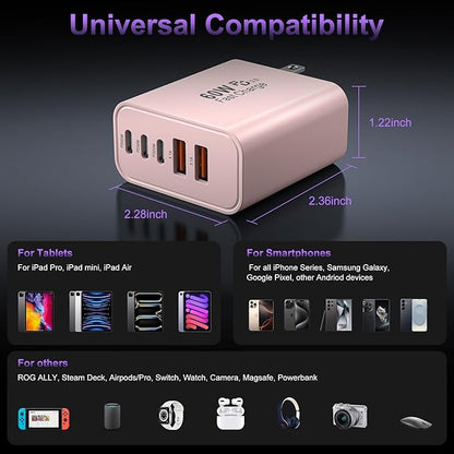 USB C Fast Wall Charger Block, 2Pack 60W USBC Charging Cubes, 5-Port PD+QC Power Adapter Multiport Brick Type C Box Plug for Phone 16/15/14/13/12/11/Pro Max/Plus, Pad Mini/Pro/S25/S24-Pink