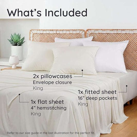 Bambaw 100% Viscose Derived from Bamboo King Size Bed Sheet Set - 4pcs Luxury Cooling Sheets for Hot Sleepers, Soft Sheets, Fits Up to 16'' Deep Pocket (Ivory)