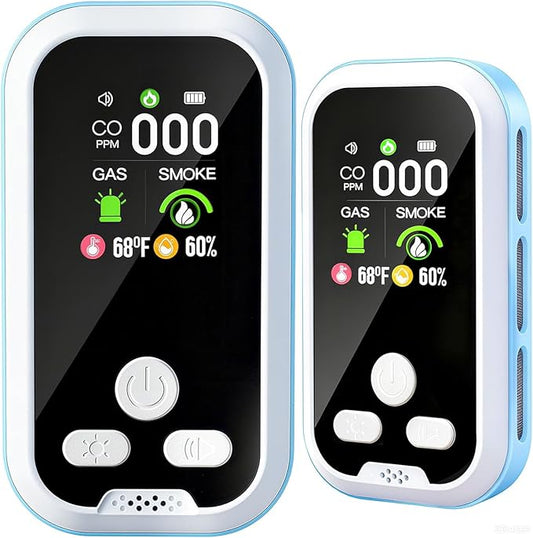5-in-1 Carbon Monoxide Detector 2 Pack Combo with LCD Display, Detects CO, Natural Gas, Smoke, Temperature, Humidity for Home, Hotel, RV, Apartment Safety, Monoxide Alarm HD Screen