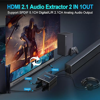 HDMI 2.1 Audio Extractor 4K 120Hz VRR ALLM HDCP2.3 HDR10 ARC Switch 2 in 1 Out Audio Converter- SPDIF 5.1CH Optical Toslink,Stereo Audio Breakout, Repeater Digital for PS 5, Xbox X NVIDIA AMD