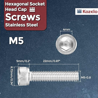 Kozelo 30pcs Socket Head Cap Screws - [M5-0.8 x 22mm] 304 Stainless Steel Allen Socket Drive for Electrical Motor 3D Printing Fan Engine Replacement Use, Silver