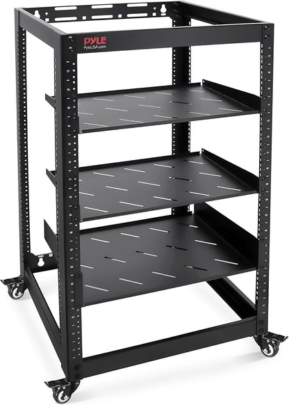 Pyle 20U Open Frame Server Rack - Wall Mount Network Rack for Servers, Networking & AV Gear - Heavy-Duty 19" Equipment, Includes 1U & 2U Vented Shelves for Airflow, Lockable Wheels - 440 lbs Capacity