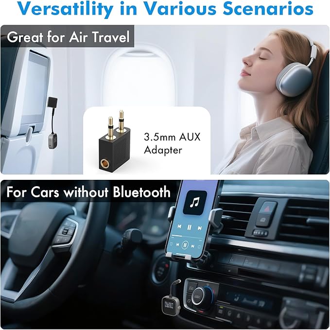 Airplane Bluetooth Transmitter Receiver for 2 Compatible w/AirPods Wireless Headphones, HD Display Low Latency 3.5mm AUX Jack 5.3 Bluetooth Audio Adapter for TV, Flying, Car, Gym, Stereo