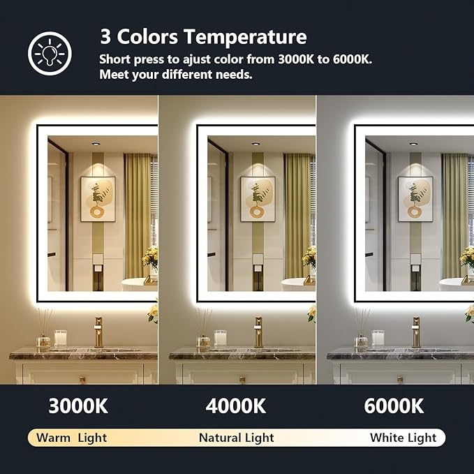 YEELAIT 55x30 Inch LED Bathroom Mirror with Lights (Front Lit and Backlit) Black Framed Lighted Vanity Mirror for Bathroom Wall Dimmable Anti-Fog Memory Tempered Glass Horizontal/Vertical