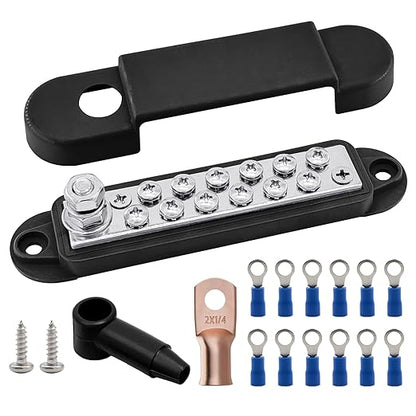 1/4" Stud Power Distribution Block Bus Bar with 12 x #8 Screws, Ampper 5.3" 12V 150A Marine BusBar Battery Distribution Block Kit W/Cover for Car Boat Solar (Black)