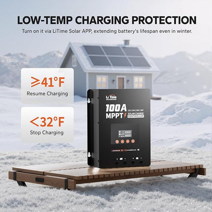 LiTime MPPT Solar Charge Controller (Bluetooth) - Solar Panel Regulator -150V, 100Amp, 12/24/36/48Volt for LiFePO4 and Lead-Acid Battery in Solar System